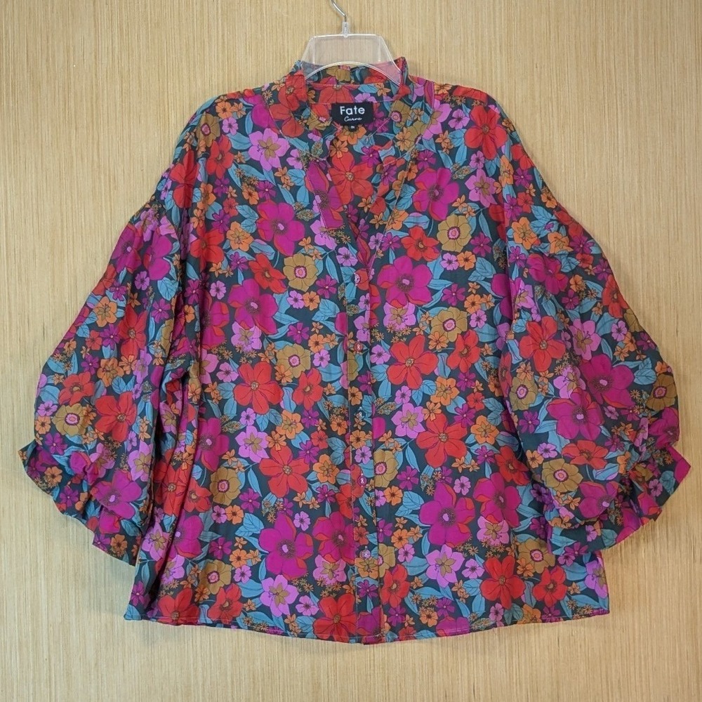 Fate Curve Women Boho Retro Colorful Floral Balloonโ Sleeve Blouse 2X Oversized